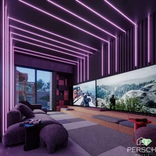 Uma sala de estar moderna com iluminação de LED e televisão de tela grande.
