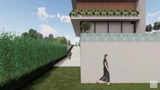 Fachada de uma residência moderna com paisagismo verde ao lado.