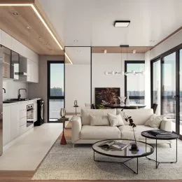 Sala de estar moderna com sofá e lareira em um apartamento.
