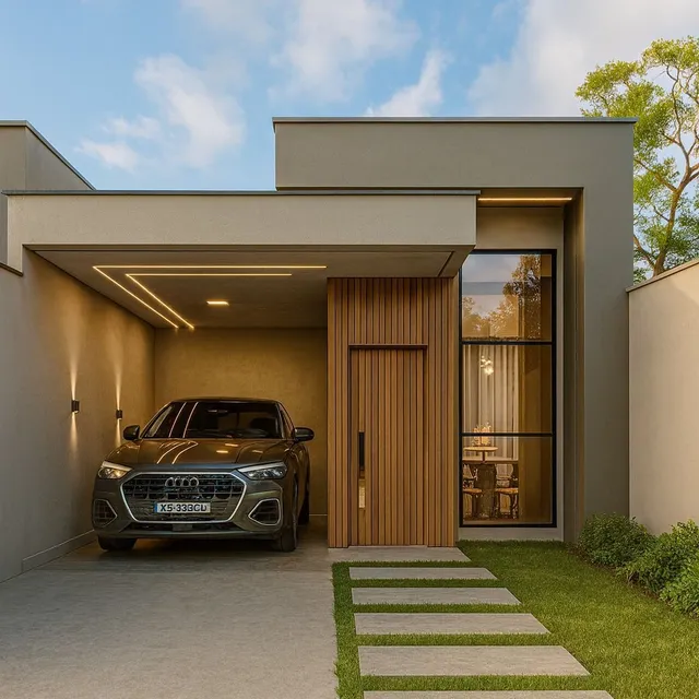 Fachada moderna de uma residência em Lajeado, Brasil, com acesso de garagem.