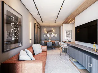 Sala de estar moderna com lareira e decoração contemporânea.