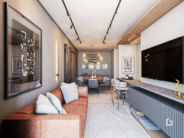 Sala de estar moderna com lareira e decoração contemporânea.