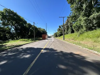 Vista da rua em Lajeado, Brasil, com vegetação ao redor.