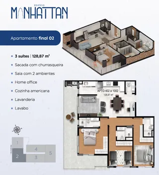 Plano de planta de um apartamento de 3 suítes com 128,87 m².