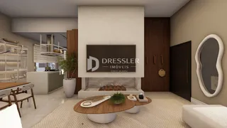 Sala de estar moderna com lareira e painéis de madeira.