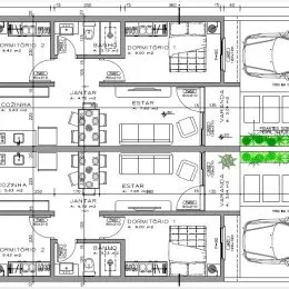 Um diagrama de planta baixa mostra a disposição dos cômodos de uma residência.