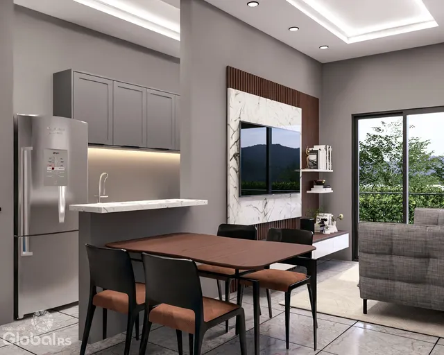 Ambiente moderno com cozinha e sala de jantar em um imóvel.