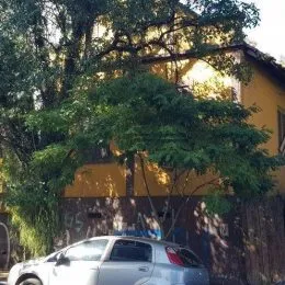 Fachada de uma residência em Lajeado, Brasil, parcialmente coberta por vegetação.