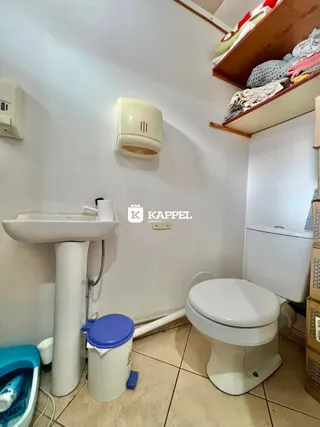 Foto de um banheiro mostrando a pia e o vaso sanitário.
