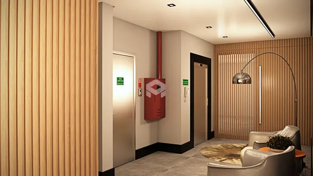 Ambiente interno com painéis de madeira e decoração moderna em uma residência.