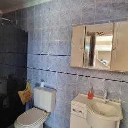 Foto de um banheiro com revestimento de azulejos azuis.