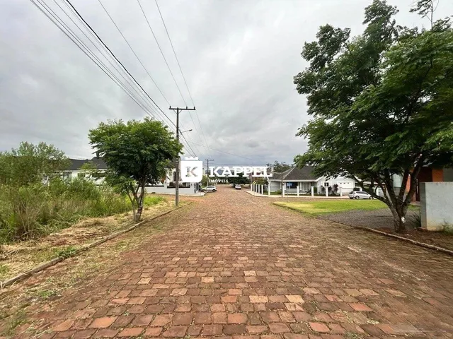 Foto da entrada de uma propriedade com um caminho de tijolos e árvores.