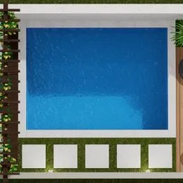 Foto de uma piscina azul em uma propriedade.