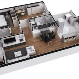 Foto de uma sala de estar com piso de madeira clara.