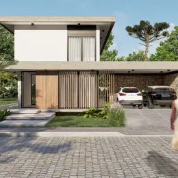Fachada moderna de uma residência em Lajeado, Brasil, com revestimento de madeira e detalhes em branco.