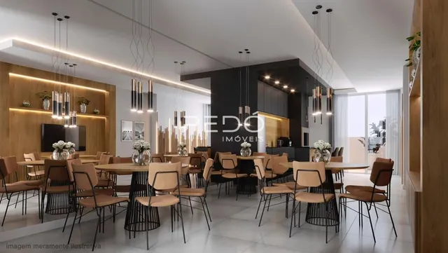 Sala de estar moderna com pé direito alto e iluminação sofisticada.