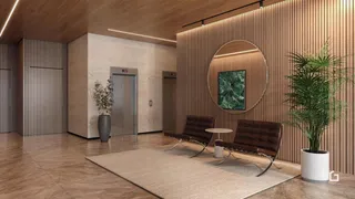 Sala de estar com painéis de madeira e decoração moderna.
