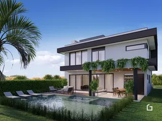 Fachada moderna de uma casa com piscina e jardim em Lajeado.