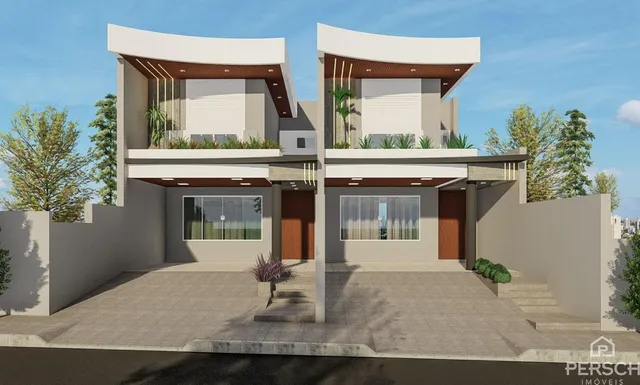 Fachada moderna de uma casa em Lajeado, Brasil, com dois andares e varandas.