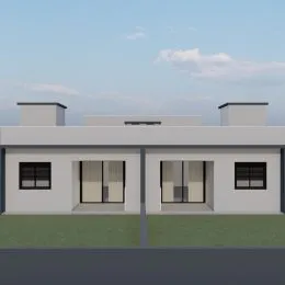 Fachada frontal de uma residência branca com telhado plano.