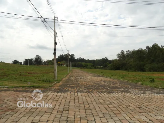 Uma estrada pavimentada leva a um campo gramado com árvores ao fundo.