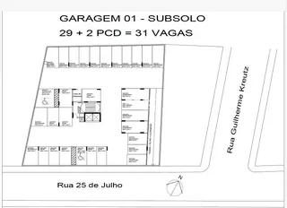 Planta do subsolo da garagem 01 mostrando a disposição das vagas de estacionamento.