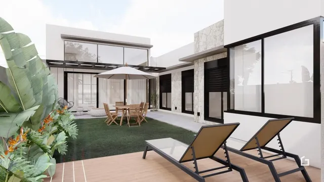 Vista externa de um jardim com deck de madeira e mobiliário de exterior.