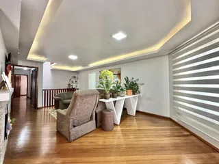 Sala de estar com piso de madeira e decoração de plantas.