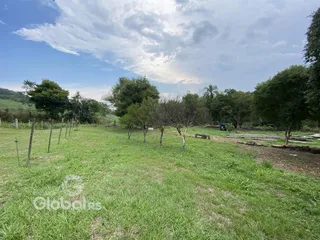 Campo gramado com cerca e árvores sob um céu nublado.