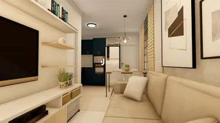 Sala de estar com sofá e estantes brancas.