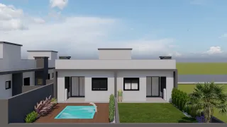 Foto da fachada de uma casa moderna em Lajeado, Brasil, exibindo uma piscina e jardim.