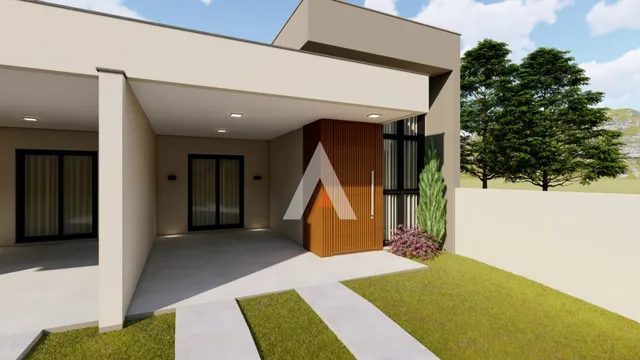 Fachada de uma residência moderna com área coberta em Lajeado.