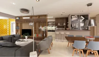 Sala de estar moderna com móveis de madeira e estofados cinzas.