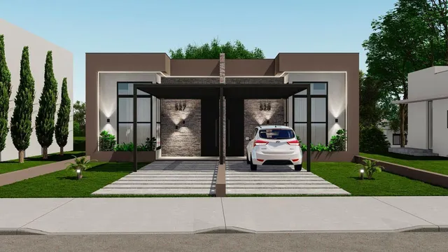 Fachada moderna de uma residência em Lajeado, Brasil, com paisagismo frontal.