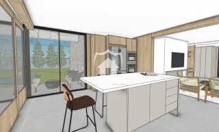 Renderização de um ambiente interno com paredes de madeira e portas de vidro.