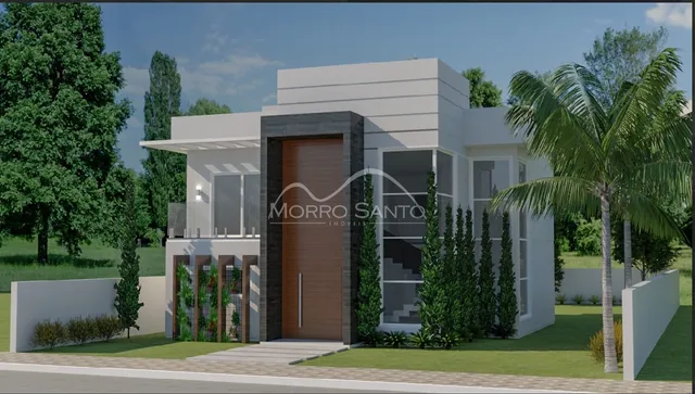 Fachada de uma residência moderna com revestimento branco e detalhes em madeira em Lajeado, Brasil.