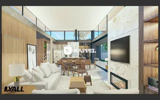 Sala de estar moderna com sofá branco e decoração contemporânea.