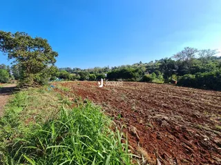 Campo de terra com vegetação verde e árvores ao fundo sob um céu azul.