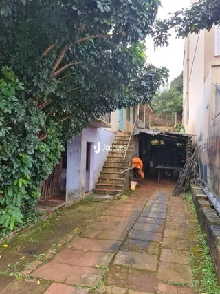 Vista externa de um quintal com vegetação e um caminho de terra.