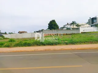 Vista externa de uma propriedade com gramado e muro ao lado de uma estrada.