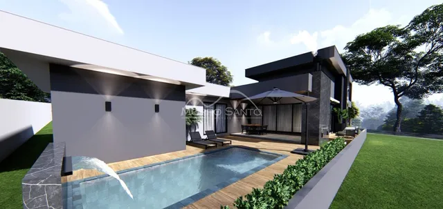 Foto da fachada de uma casa moderna com piscina e jardim.