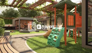 Foto de um jardim com estrutura de madeira e assentos ao ar livre.