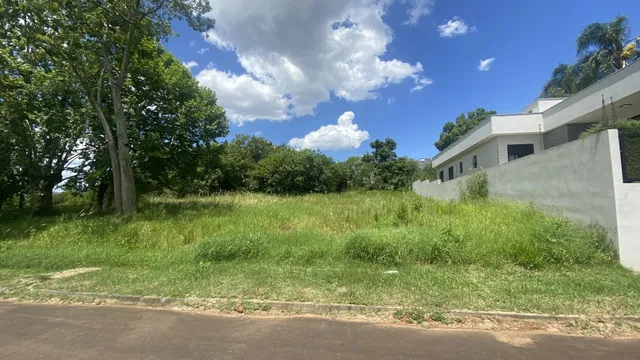 Vista externa de uma propriedade com vegetação alta e árvores ao redor.