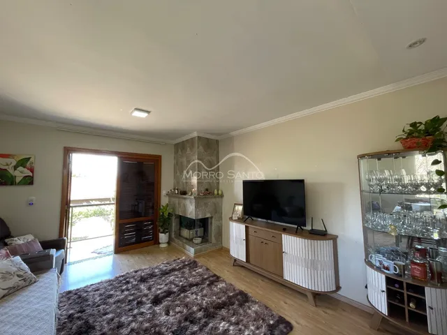 Sala de estar com lareira e televisão em um ambiente interno.