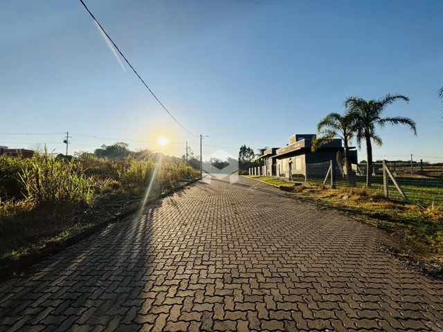 Uma estrada pavimentada se estende por uma paisagem com vegetação ao longo de uma linha de casas.