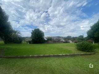 Vista externa de um gramado verde com árvores ao fundo.