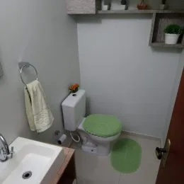 Foto de um banheiro mostrando a pia e o vaso sanitário.
