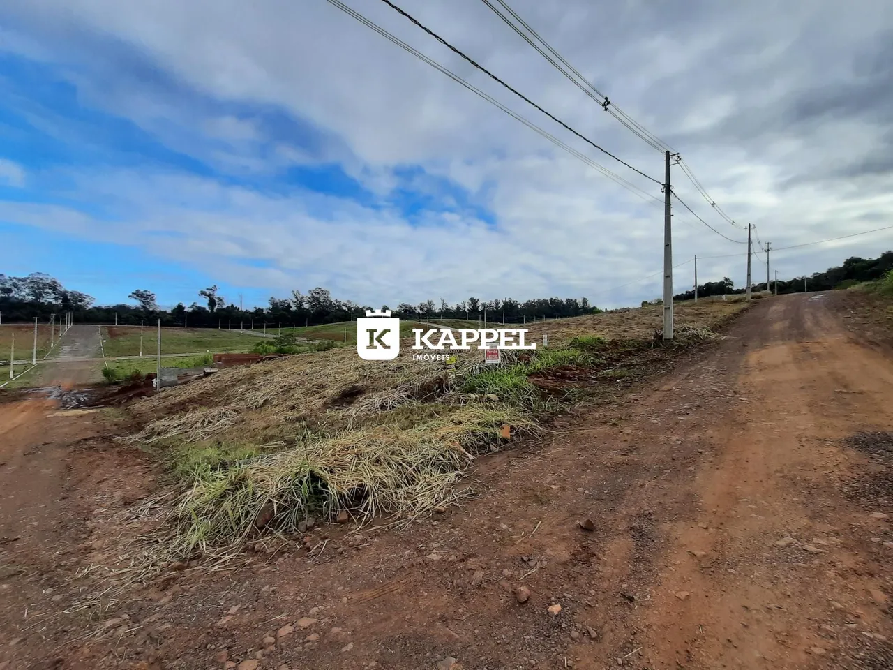Vista de uma estrada de terra em uma área de campo aberto no exterior.