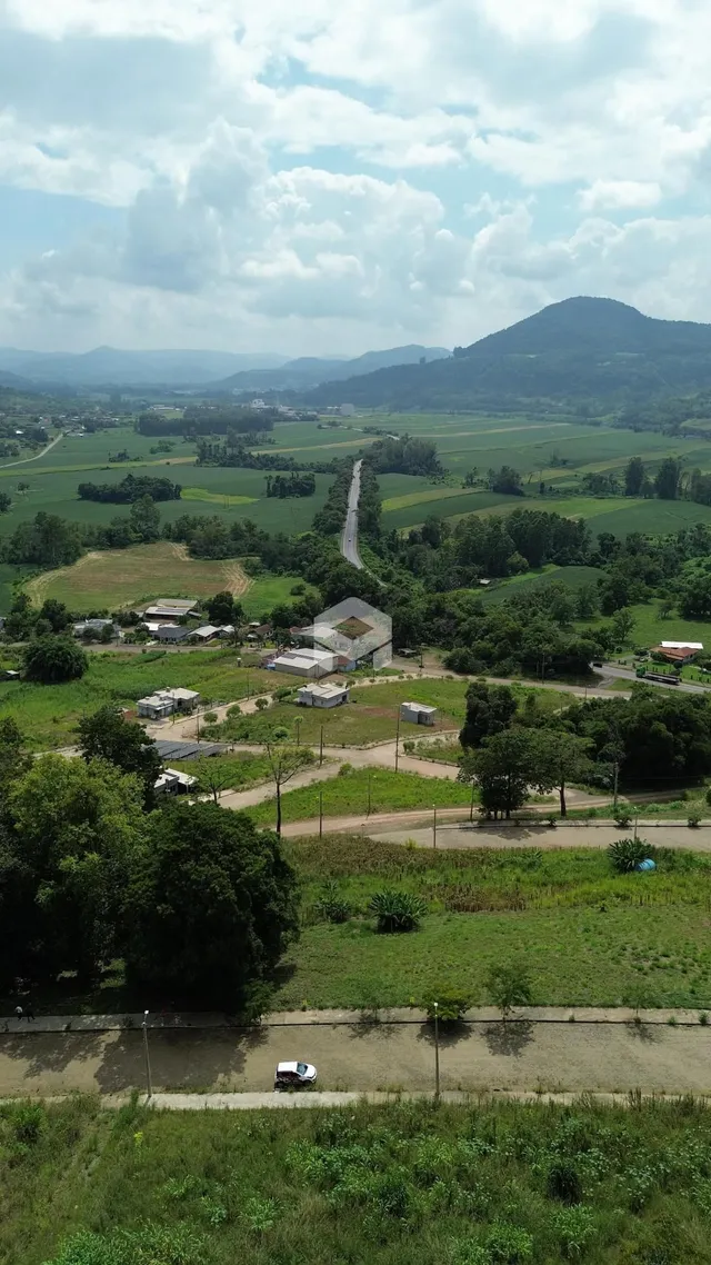 Vista aérea de campos verdes e vegetação no interior de Lajeado.