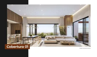 Sala de estar moderna com grandes janelas e vista para a paisagem.